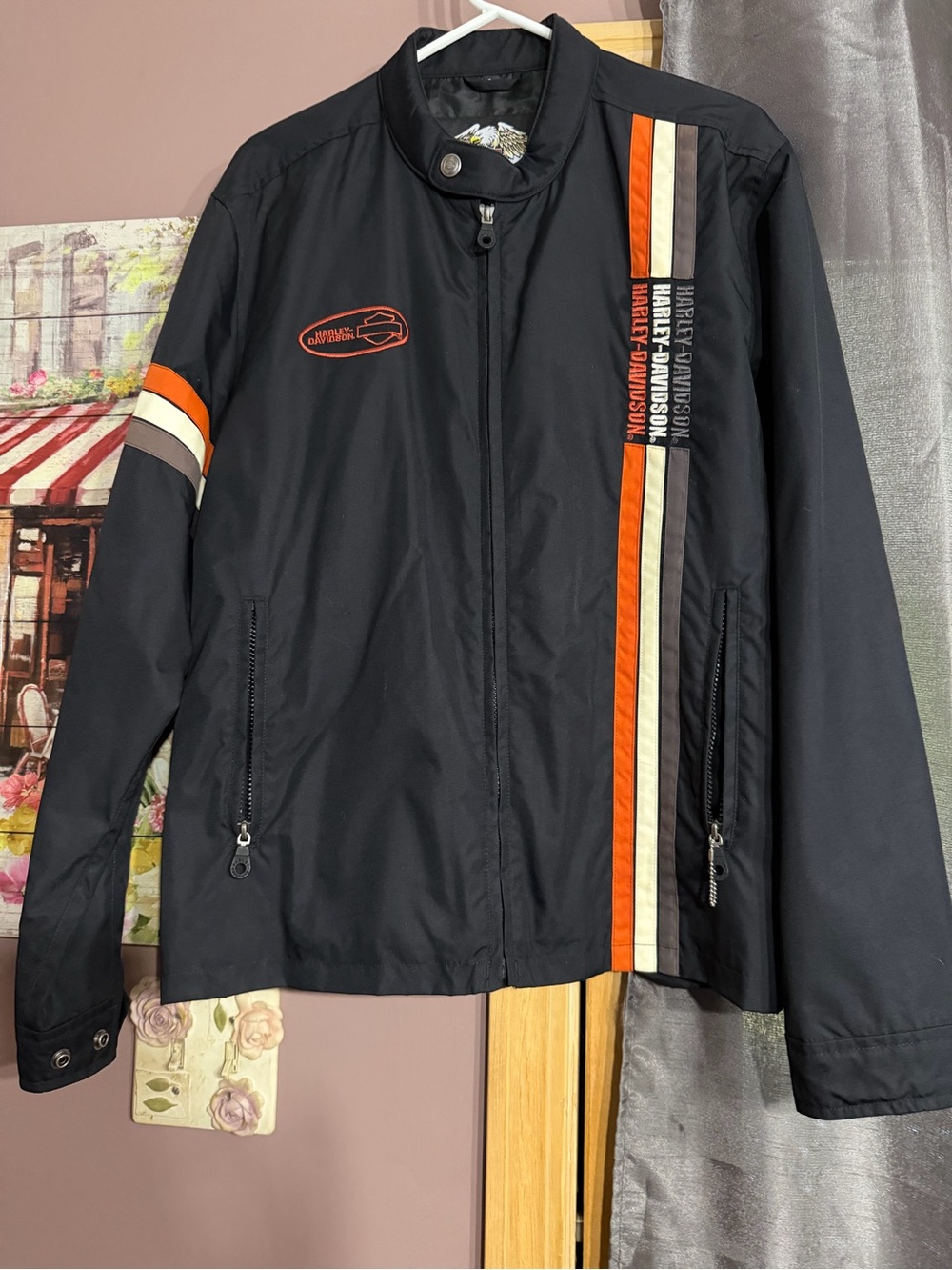 Harley-Davidson Black Jacket with Orange and Cream Racing Stripes